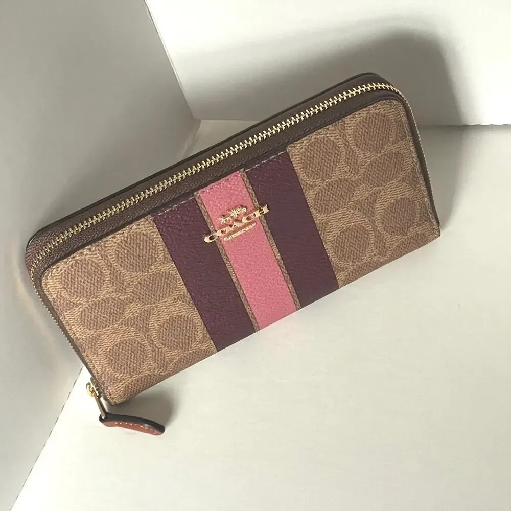 Coach Medium Zip Wallet Brown Signature Canvas Varsity Stripe ID CBO79